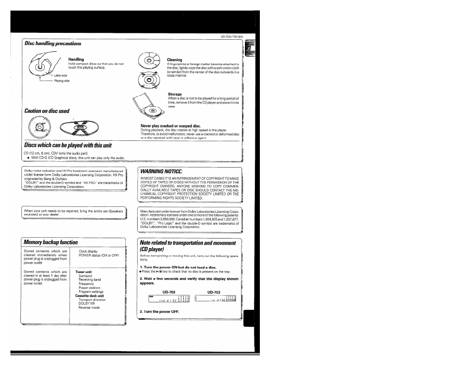 Disc handling precautions, Discs which can be played with this unit | Kenwood COMPACT DISC DIGITAL AUDIO UD-703 User Manual | Page 73 / 80