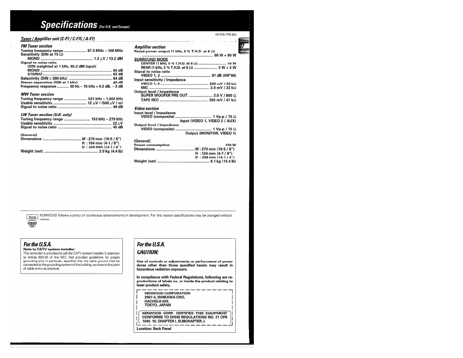 For the u.s.a, Ivrtbe u.s.a, Caution | Specifications | Kenwood COMPACT DISC DIGITAL AUDIO UD-703 User Manual | Page 77 / 80