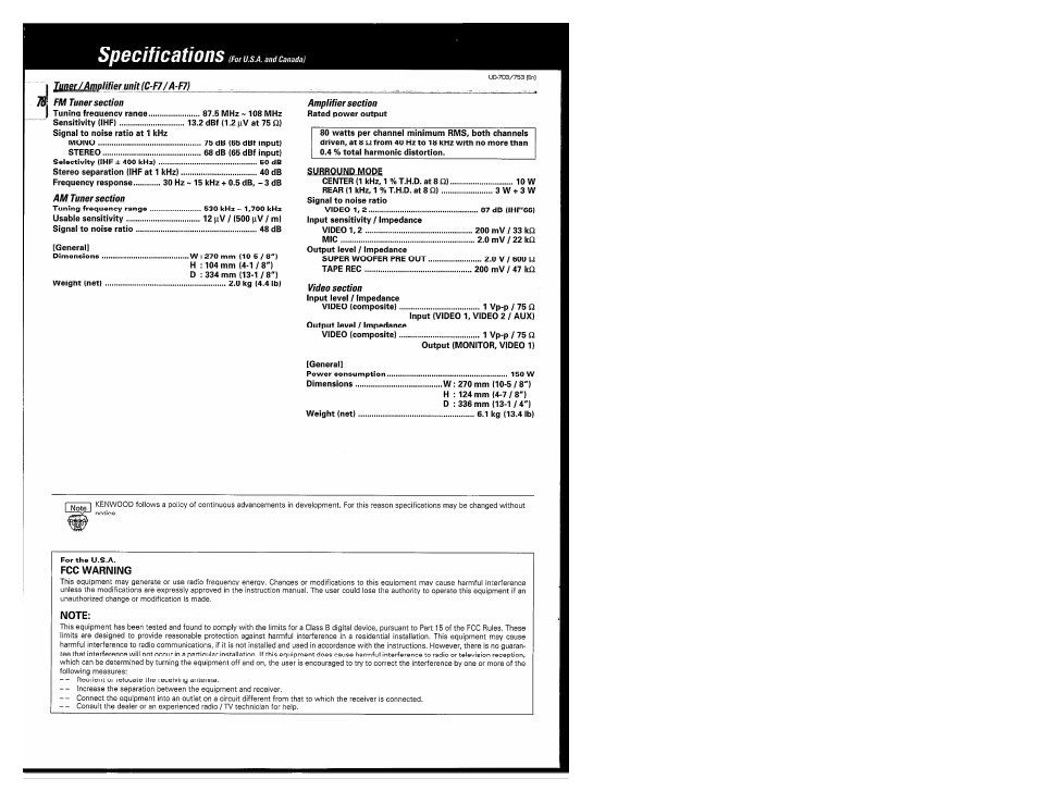 Specifications | Kenwood COMPACT DISC DIGITAL AUDIO UD-703 User Manual | Page 78 / 80