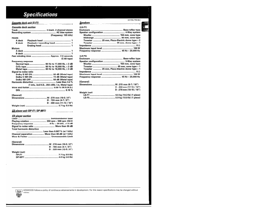 Specifications | Kenwood COMPACT DISC DIGITAL AUDIO UD-703 User Manual | Page 79 / 80