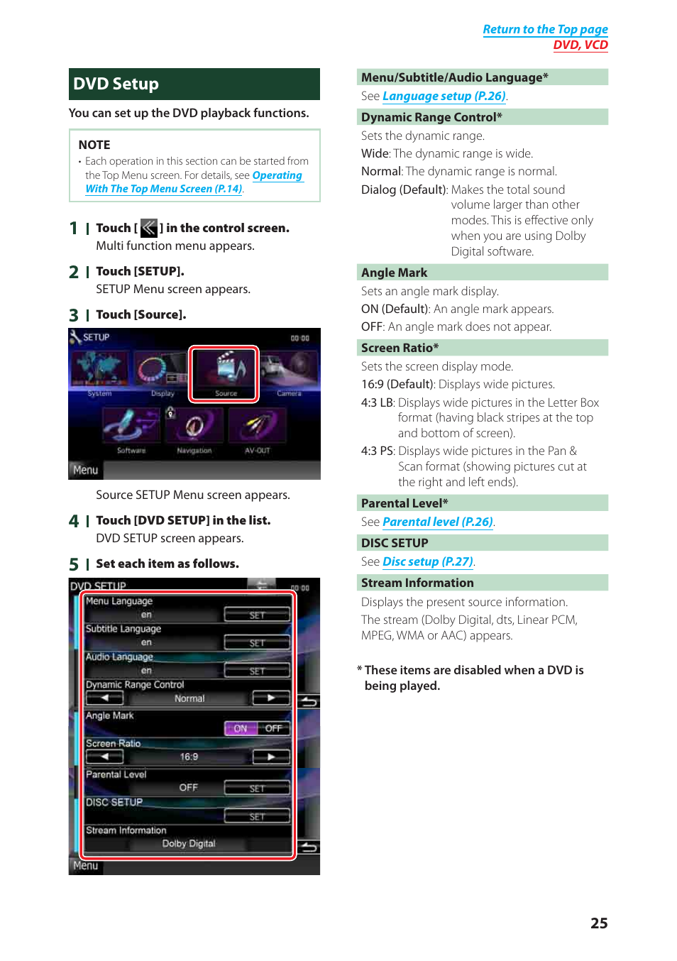 Dvd setup | Kenwood DNX6980 User Manual | Page 26 / 111