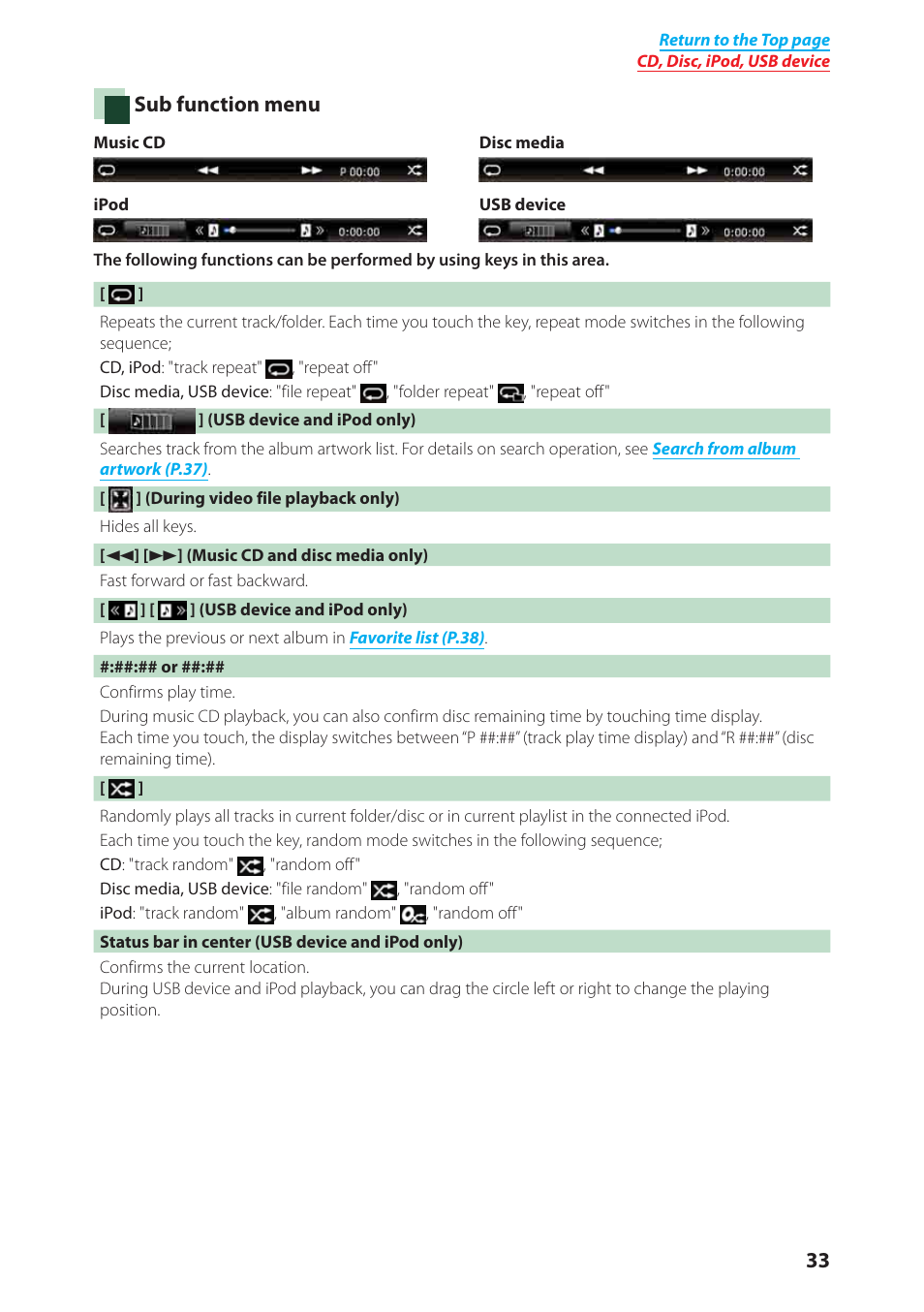 Sub function, Menu (p.33), Sub function menu | Kenwood DNX6980 User Manual | Page 34 / 111