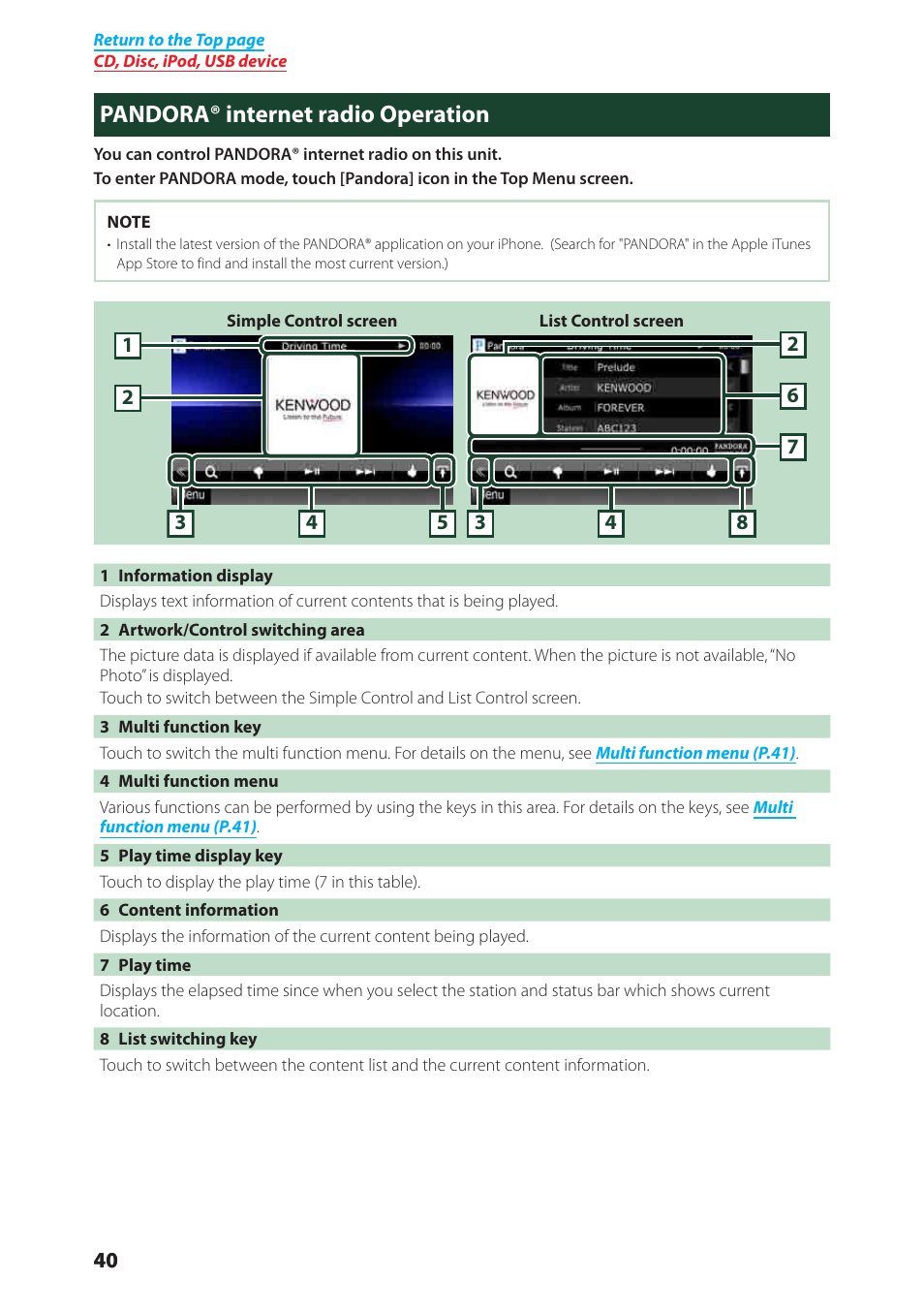 Pandora® internet radio operation | Kenwood DNX6980 User Manual | Page 41 / 111