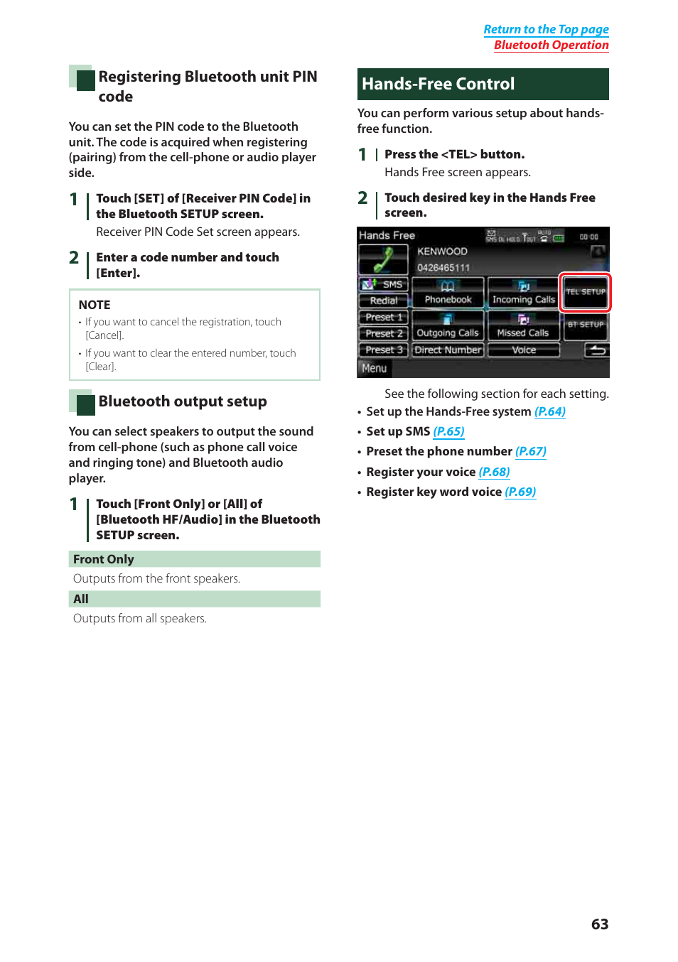 Registering bluetooth, Unit pin code (p.63), P.63) | Hands-free control | Kenwood DNX6980 User Manual | Page 64 / 111