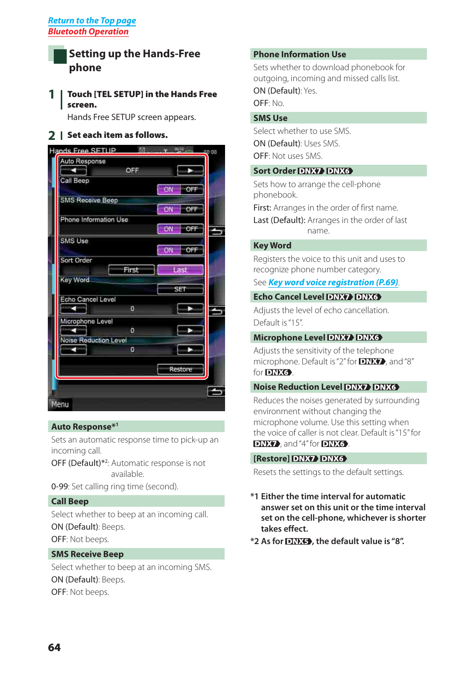 Setting up the hands-free phone (p.64), P.64), Setting up the hands-free phone | Kenwood DNX6980 User Manual | Page 65 / 111