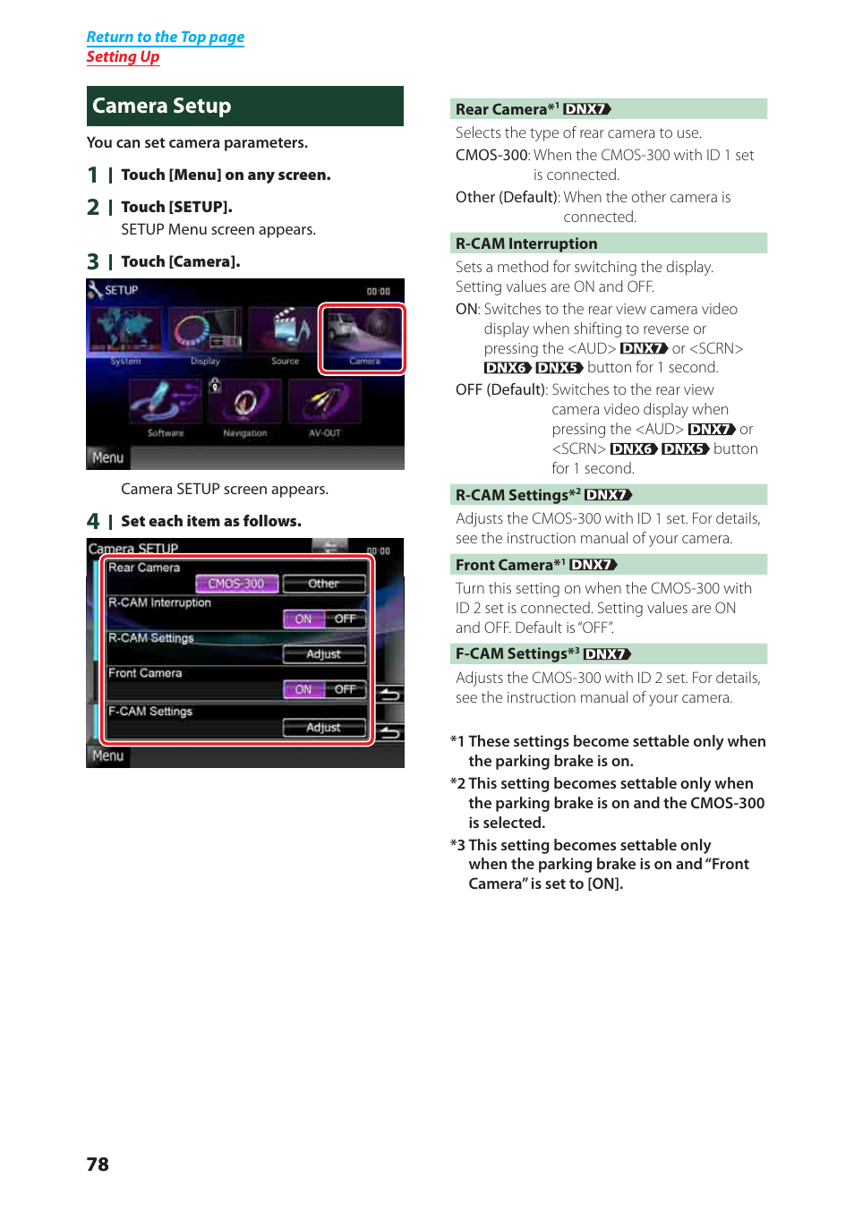 Camera setup (p.78), Camera setup | Kenwood DNX6980 User Manual | Page 79 / 111