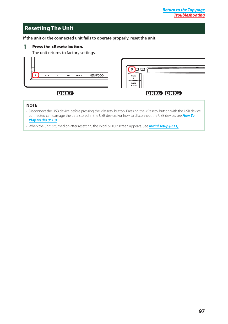 P.97), Resetting the unit | Kenwood DNX6980 User Manual | Page 98 / 111