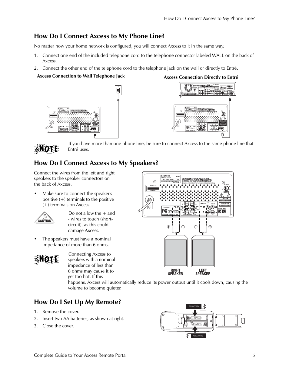 How do i connect axcess to my phone line, How do i connect axcess to my speakers, How do i set up my remote | Kenwood Axcess Remote Portal User Manual | Page 11 / 44