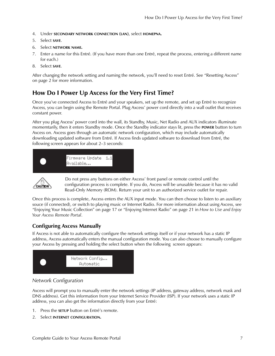 How do i power up axcess for the very first time, Configuring axcess manually, Network configuration | Kenwood Axcess Remote Portal User Manual | Page 13 / 44