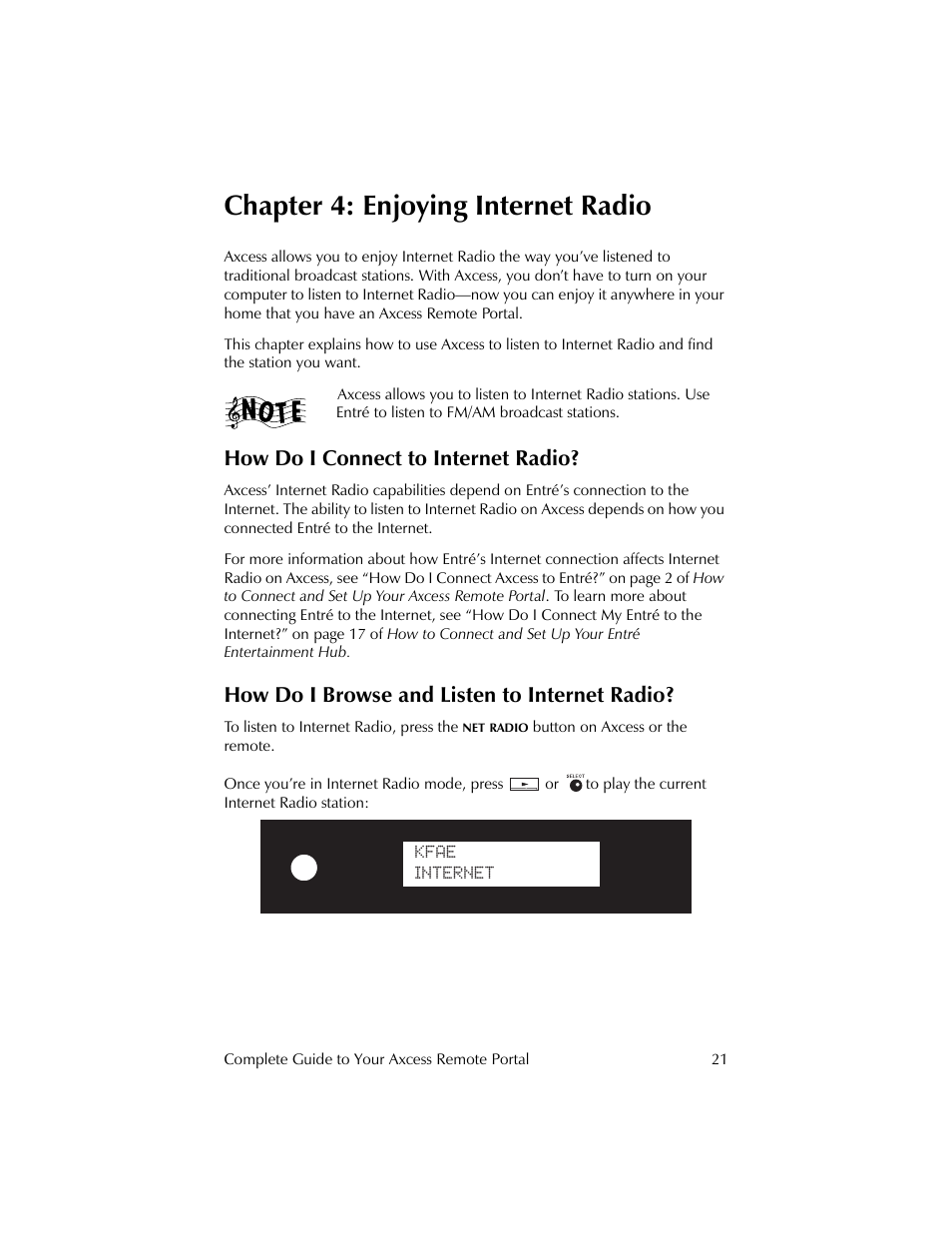 Chapter 4: enjoying internet radio, How do i connect to internet radio, How do i browse and listen to internet radio | Kenwood Axcess Remote Portal User Manual | Page 27 / 44
