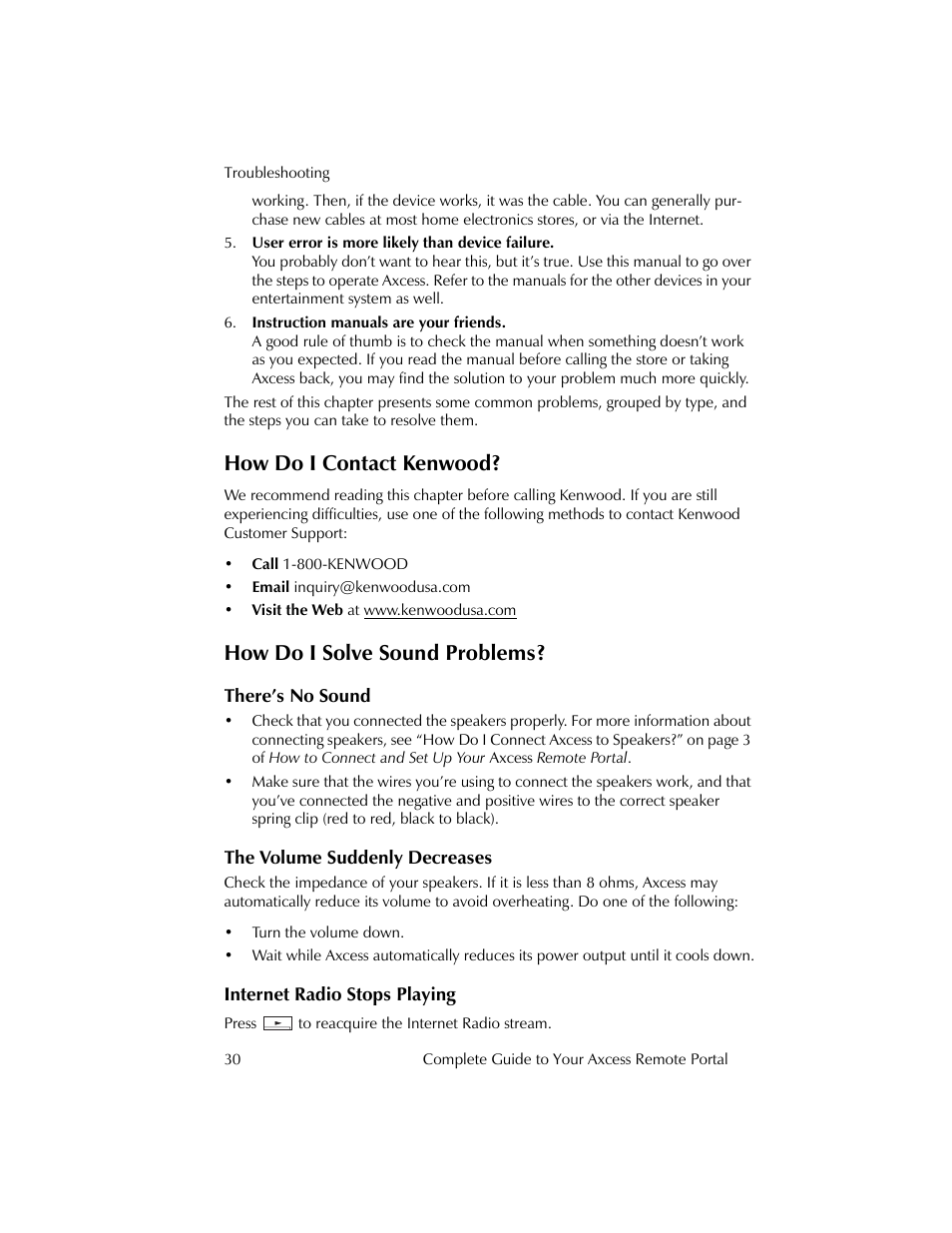 How do i contact kenwood, How do i solve sound problems, There’s no sound | The volume suddenly decreases, Internet radio stops playing | Kenwood Axcess Remote Portal User Manual | Page 36 / 44