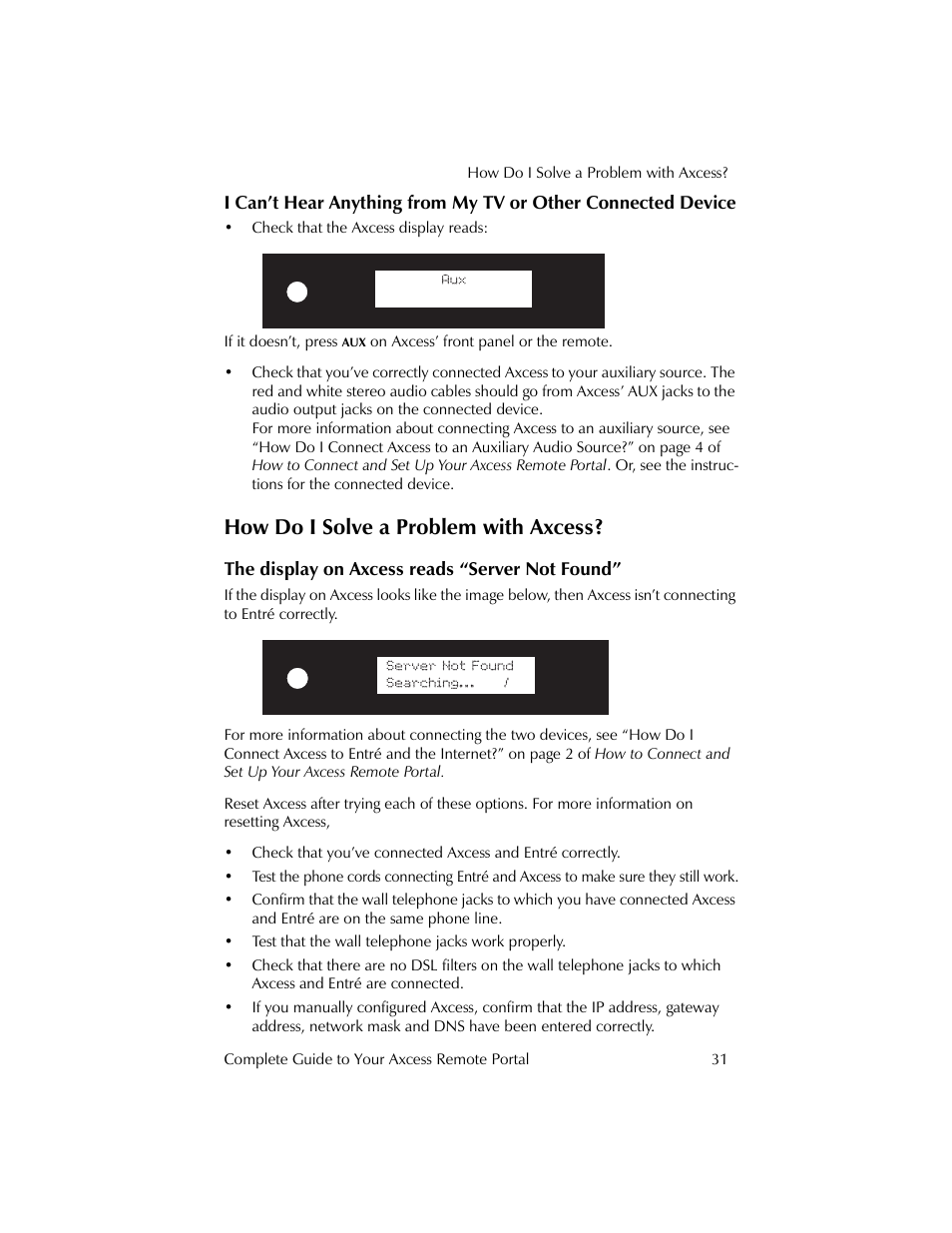 How do i solve a problem with axcess, The display on axcess reads “server not found | Kenwood Axcess Remote Portal User Manual | Page 37 / 44