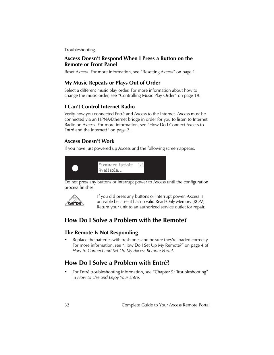 My music repeats or plays out of order, I can’t control internet radio, Axcess doesn’t work | How do i solve a problem with the remote, The remote is not responding, How do i solve a problem with entré, Remote or front panel | Kenwood Axcess Remote Portal User Manual | Page 38 / 44