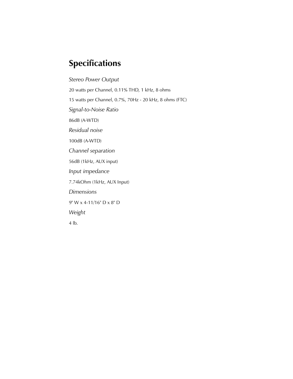 Specifications, Stereo power output, Signal-to-noise ratio | Residual noise, Channel separation, Input impedance, Dimensions, Weight | Kenwood Axcess Remote Portal User Manual | Page 43 / 44