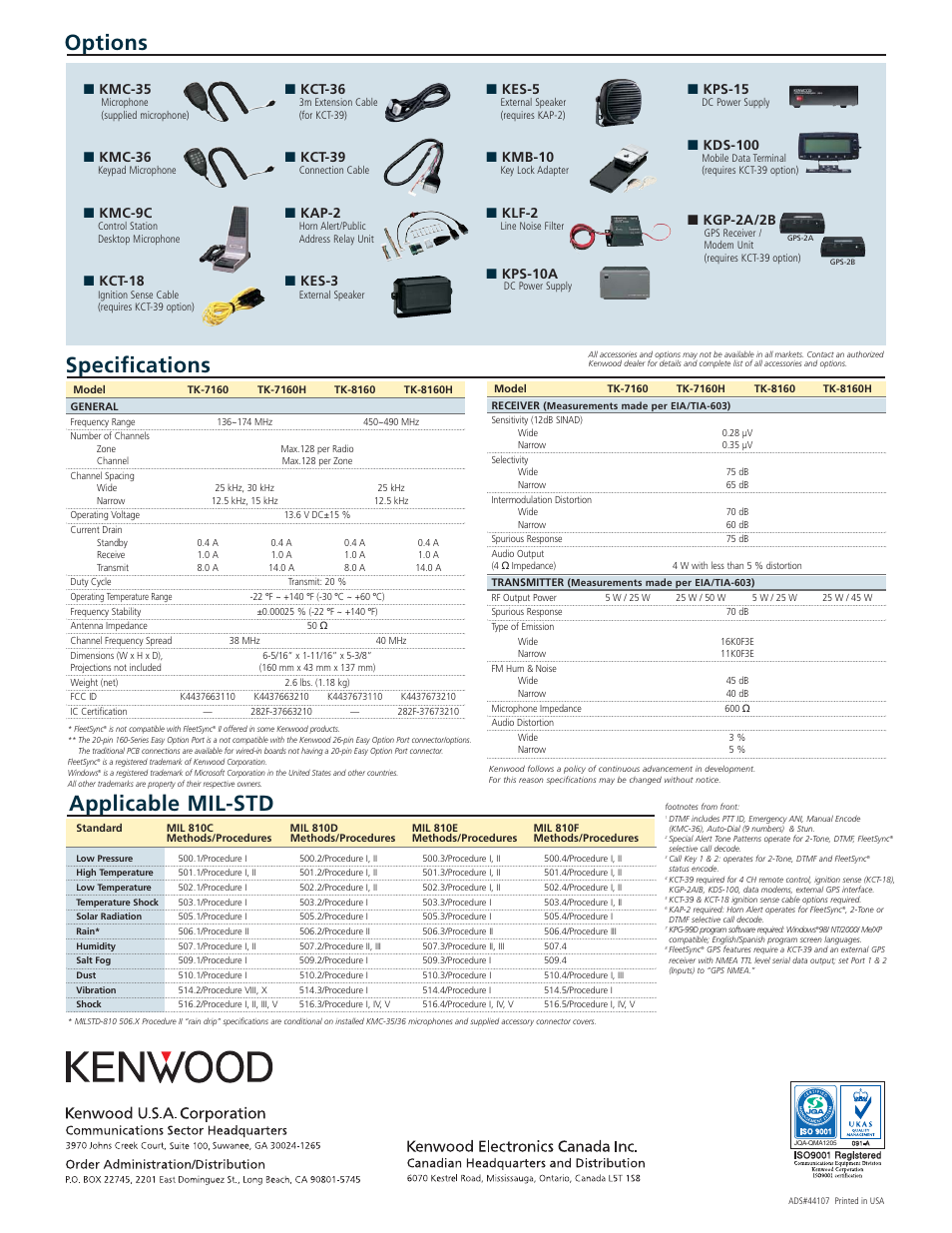 Options, Specifications applicable mil-std, Kmc-35 | Kmc-36, Kmc-9c, Kct-18, Kct-36, Kct-39, Kap-2, Kes-3 | Kenwood TK-7160H User Manual | Page 2 / 2