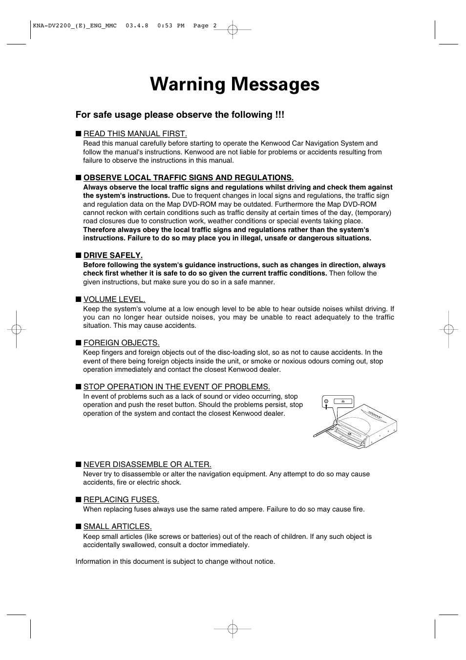 Warning messages | Kenwood KNA-DV2200 User Manual | Page 2 / 52