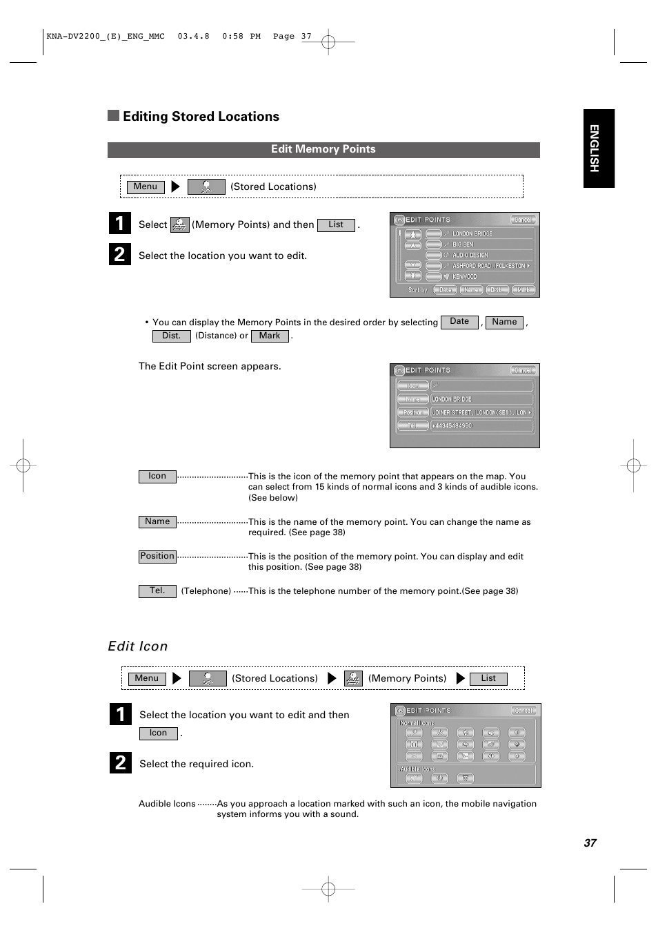 Editing stored locations, Edit icon | Kenwood KNA-DV2200 User Manual | Page 39 / 52