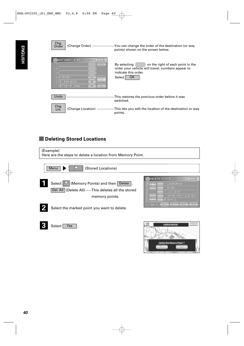 Deleting stored locations | Kenwood KNA-DV2200 User Manual | Page 42 / 52