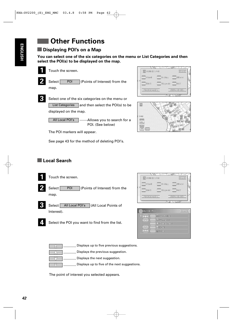 Other functions, Displaying poi’s on a map, Local search | Kenwood KNA-DV2200 User Manual | Page 44 / 52