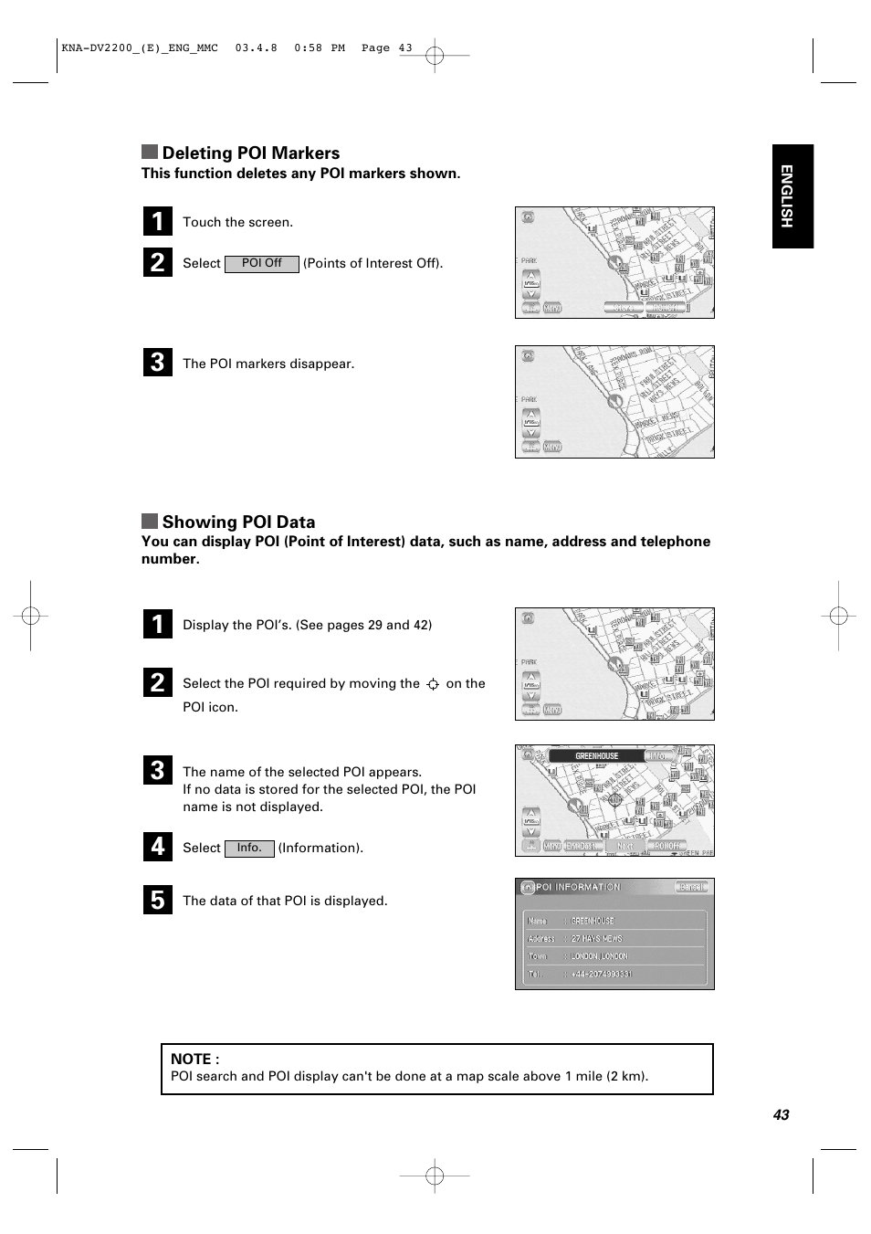 Deleting poi markers, Showing poi data | Kenwood KNA-DV2200 User Manual | Page 45 / 52