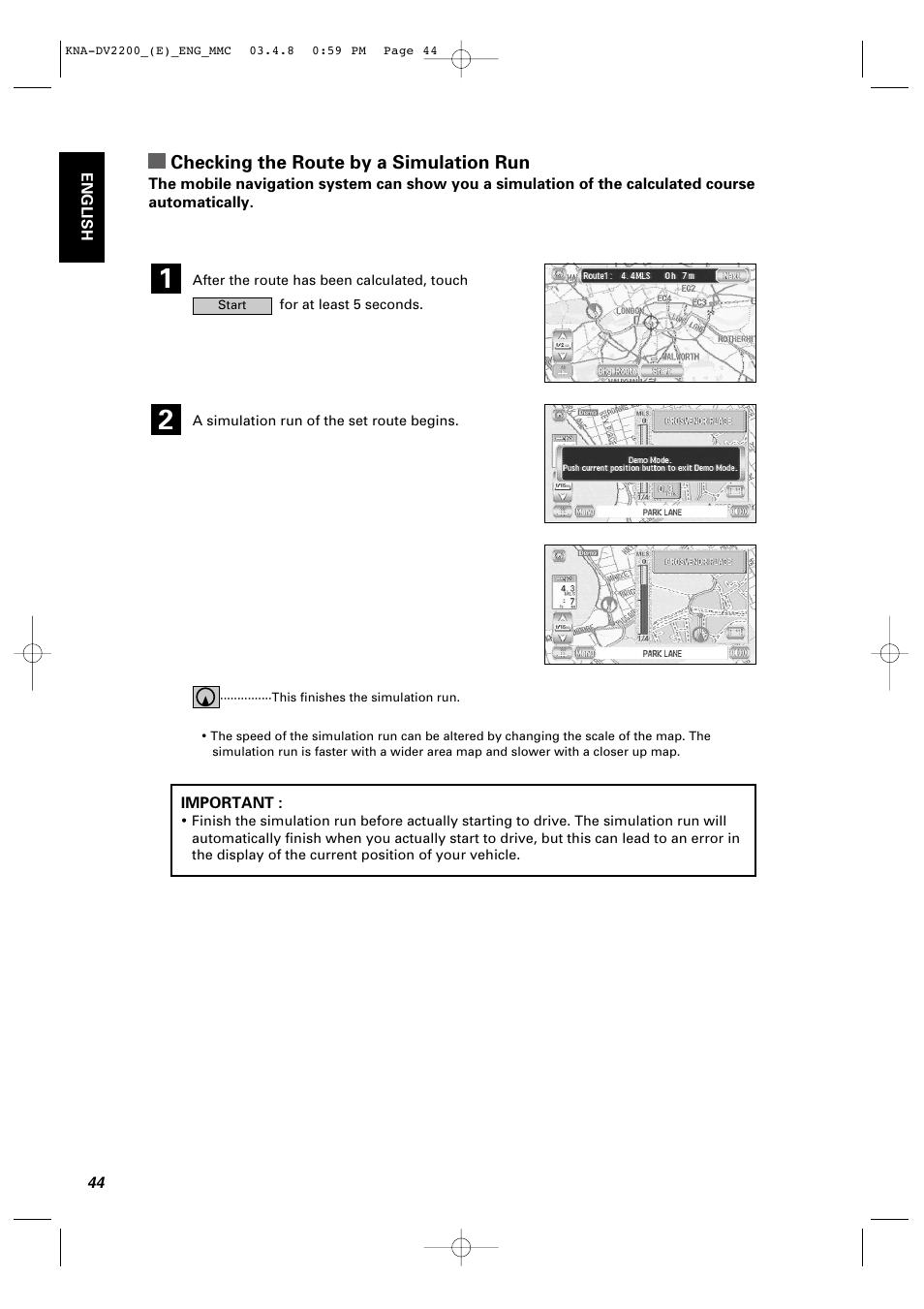 Checking the route by a simulation run | Kenwood KNA-DV2200 User Manual | Page 46 / 52