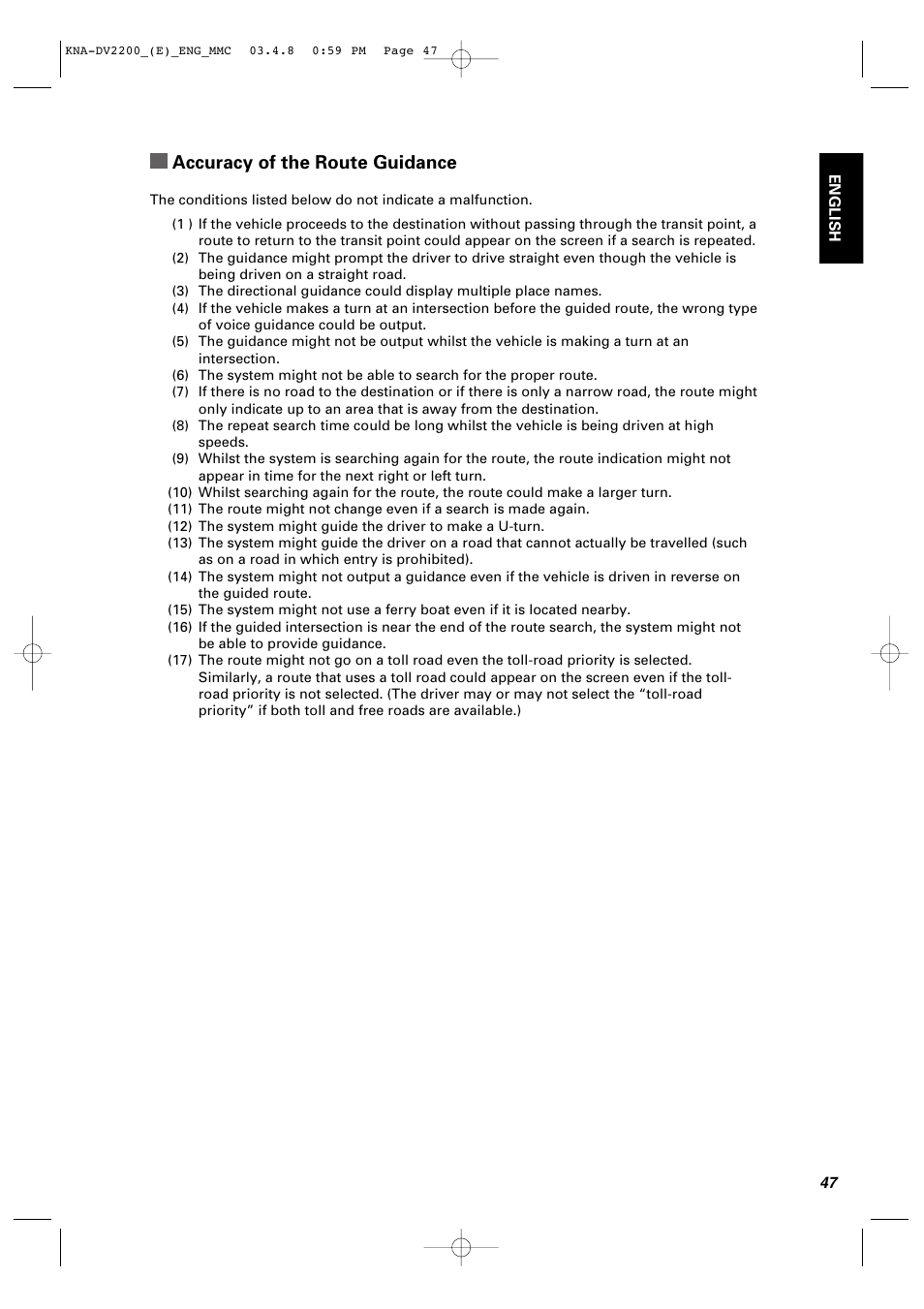 Accuracy of the route guidance | Kenwood KNA-DV2200 User Manual | Page 49 / 52