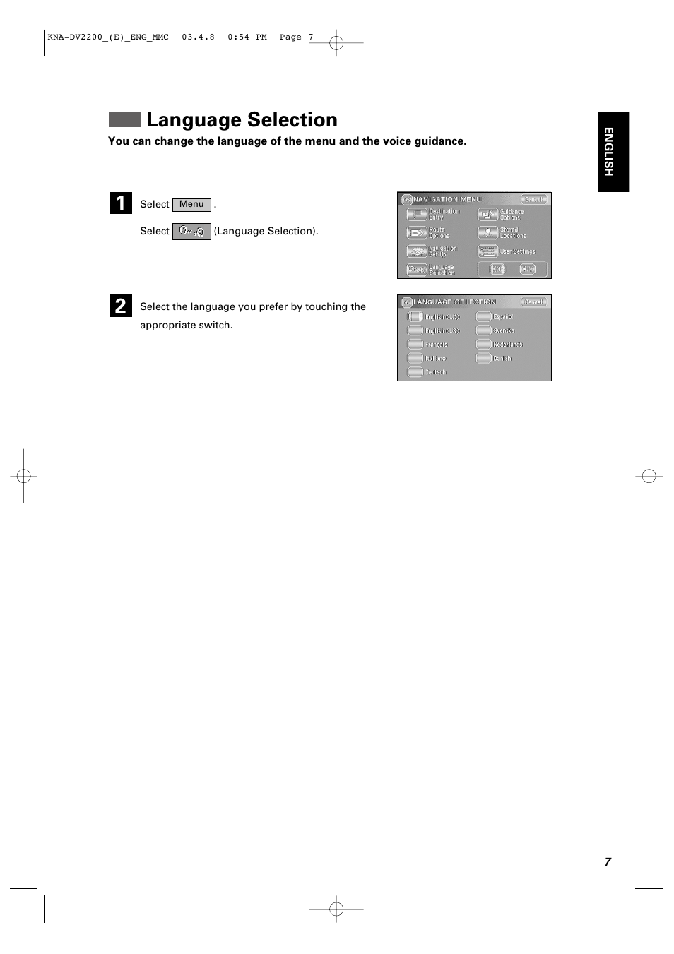 Language selection, 1language selection | Kenwood KNA-DV2200 User Manual | Page 9 / 52