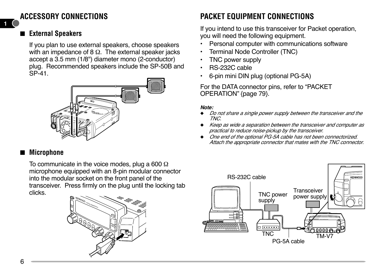 Accessory connections, Packet equipment connections, External speakers | Microphone | Kenwood TM-V7E User Manual | Page 12 / 100