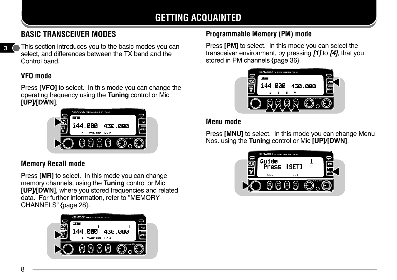 Getting acquainted, Basic transceiver modes, Menu mode | Vfo mode | Kenwood TM-V7E User Manual | Page 14 / 100