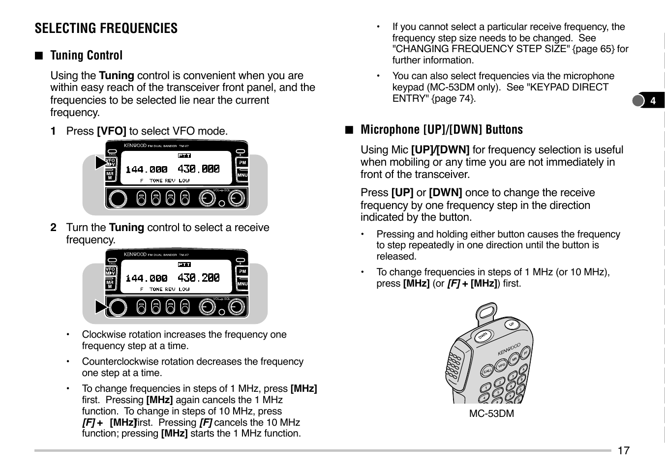 Selecting frequencies, Tuning control, Microphone [up]/[dwn] buttons | Kenwood TM-V7E User Manual | Page 23 / 100