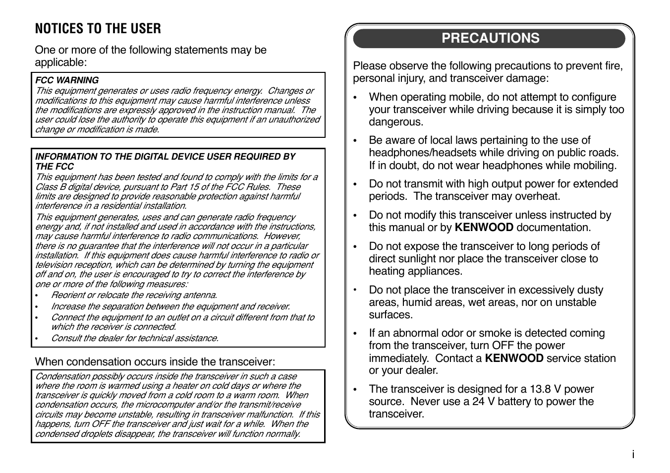 Notices to the user, Precautions | Kenwood TM-V7E User Manual | Page 3 / 100