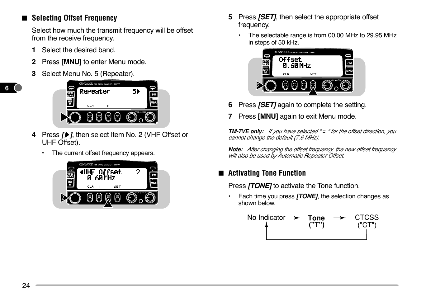 Selecting offset frequency, Activating tone function | Kenwood TM-V7E User Manual | Page 30 / 100