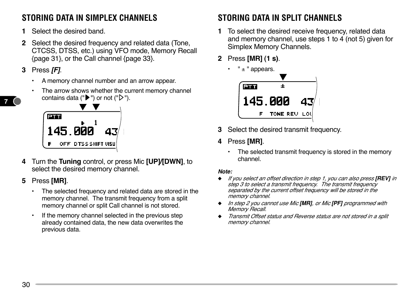 Storing data in simplex channels, Storing data in split channels | Kenwood TM-V7E User Manual | Page 36 / 100