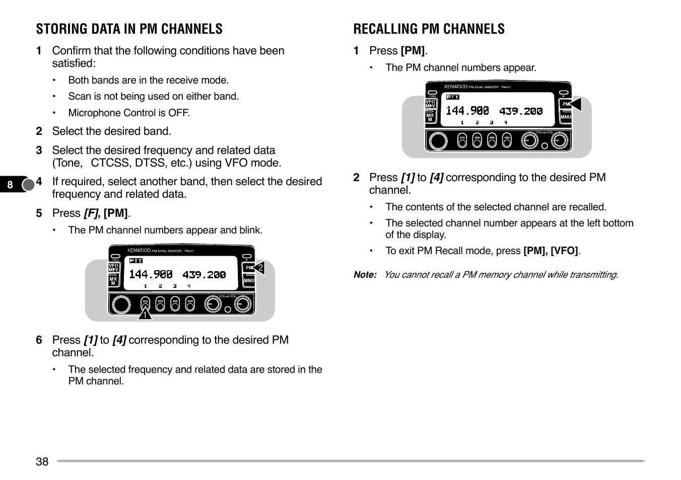 Storing data in pm channels, Recalling pm channels | Kenwood TM-V7E User Manual | Page 44 / 100