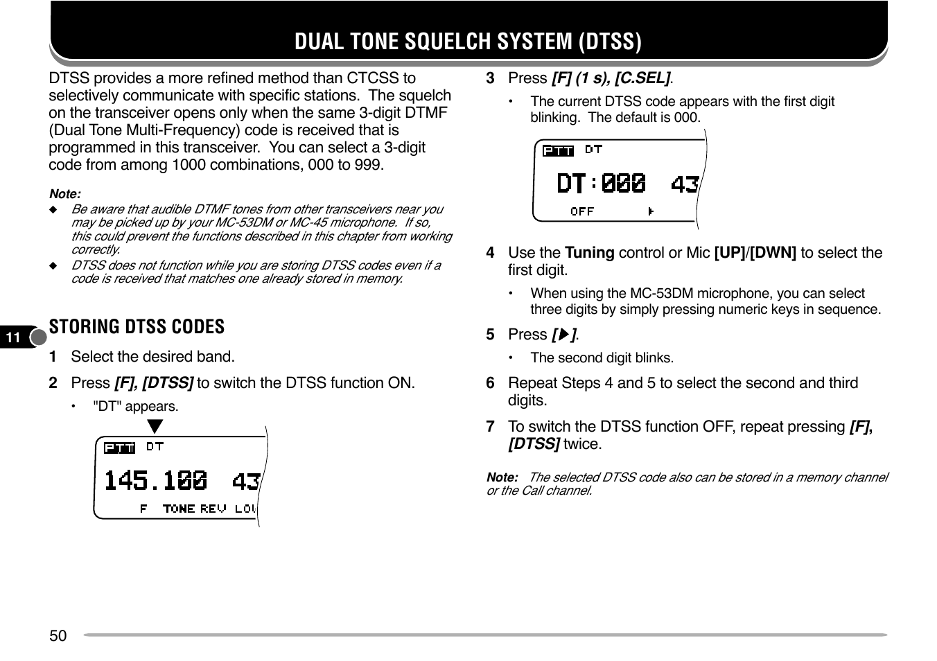 Dual tone squelch system (dtss), Storing dtss codes | Kenwood TM-V7E User Manual | Page 56 / 100