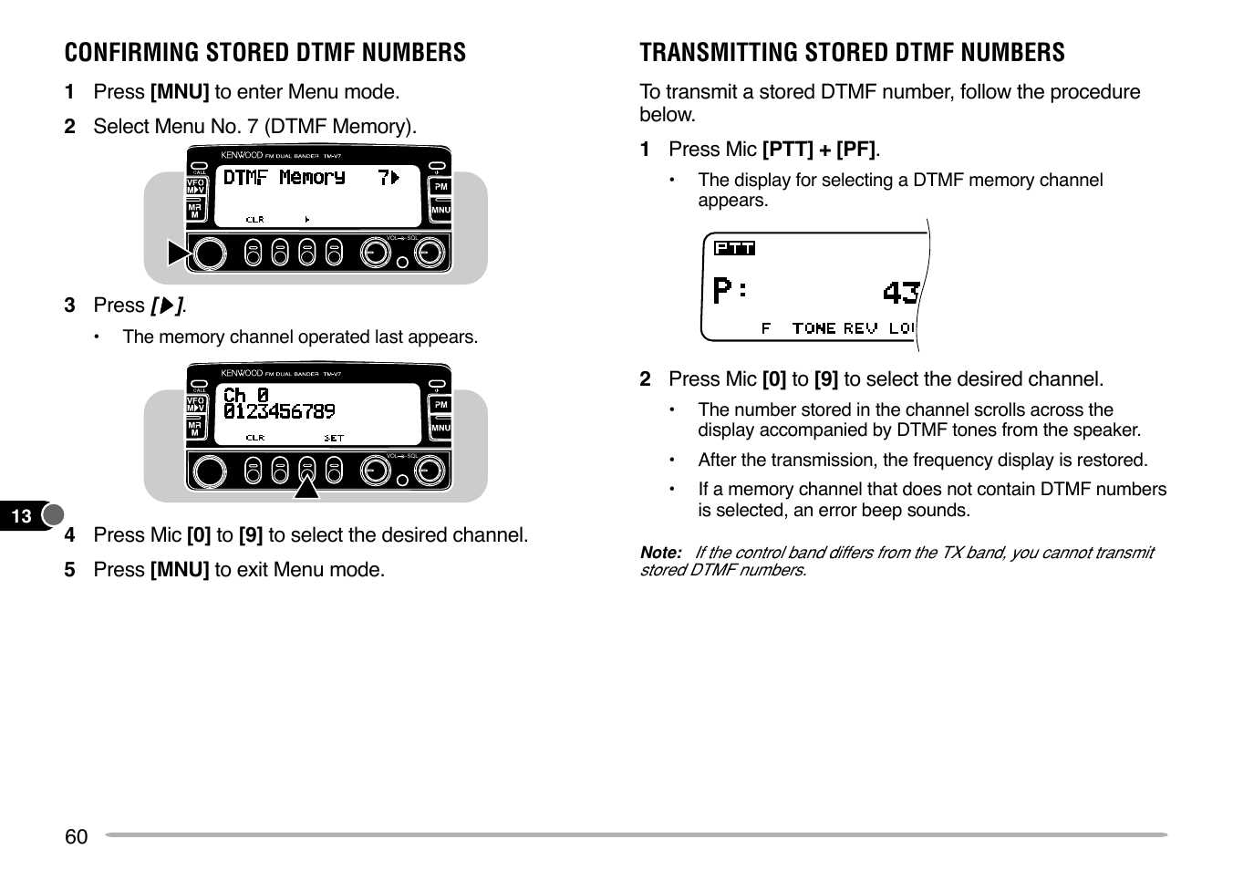 Confirming stored dtmf numbers, Transmitting stored dtmf numbers | Kenwood TM-V7E User Manual | Page 66 / 100