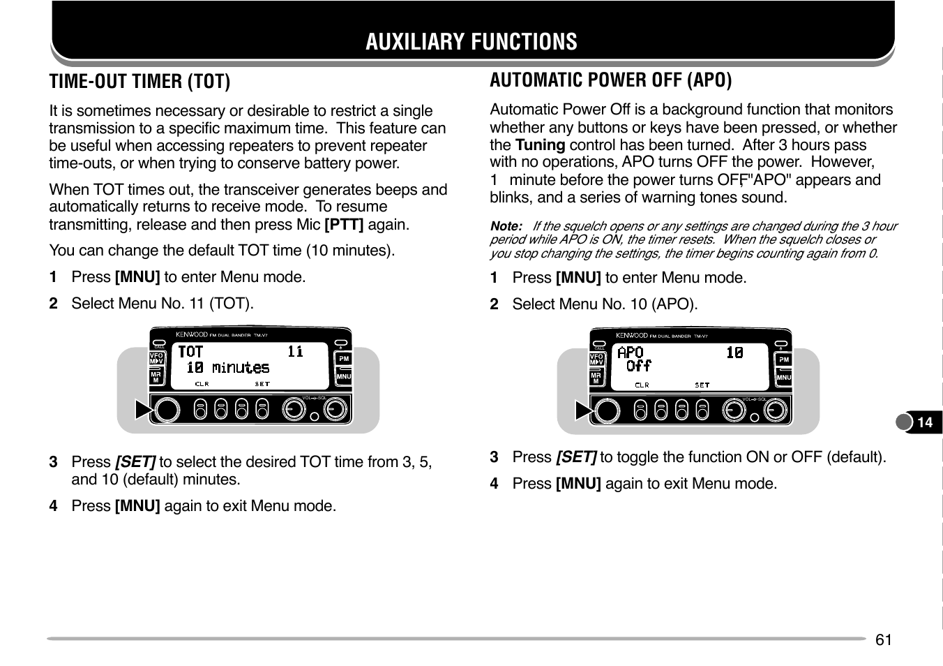 Auxiliary functions, Time-out timer (tot), Automatic power off (apo) | Kenwood TM-V7E User Manual | Page 67 / 100