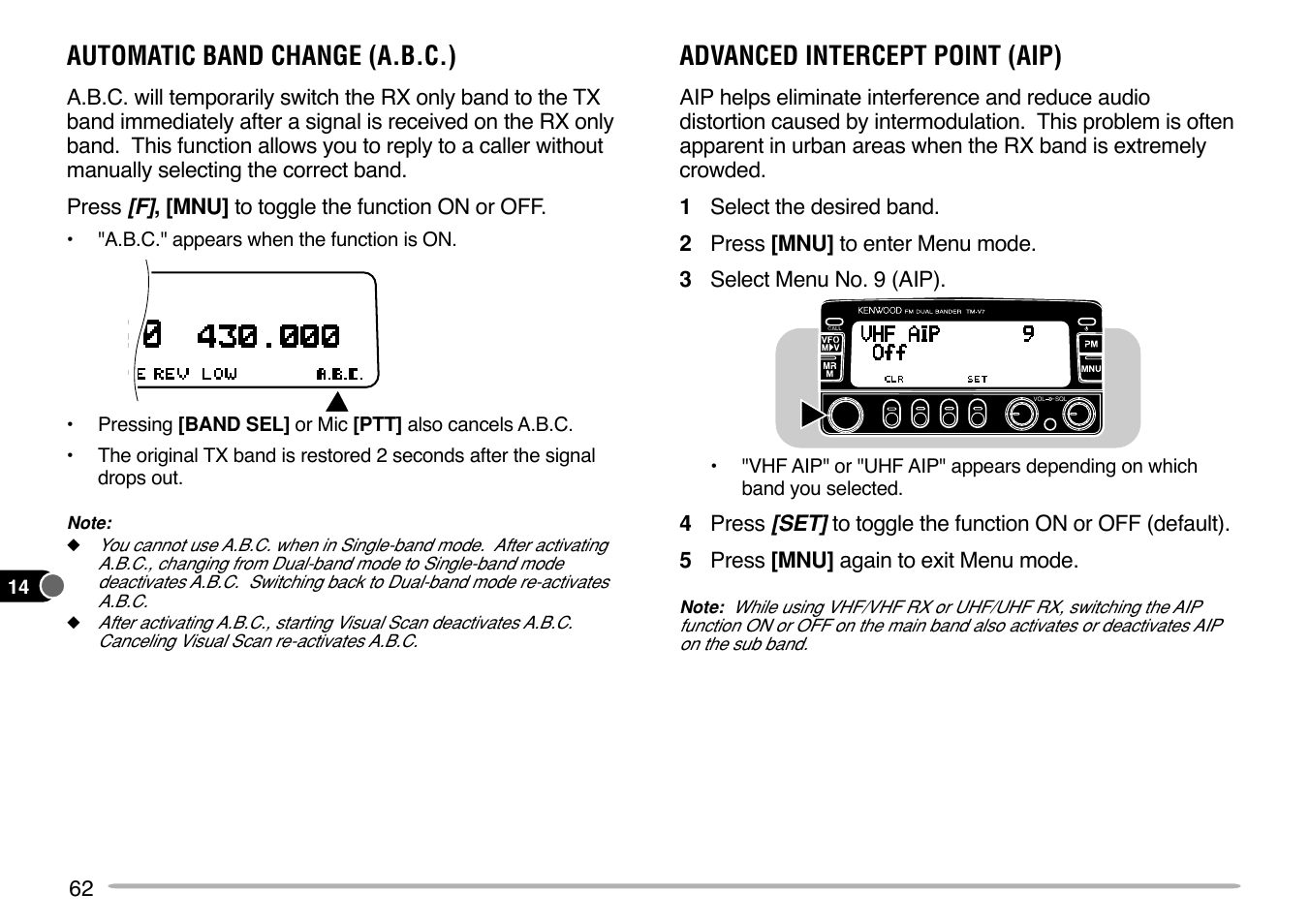 Automatic band change (a.b.c.), Advanced intercept point (aip) | Kenwood TM-V7E User Manual | Page 68 / 100