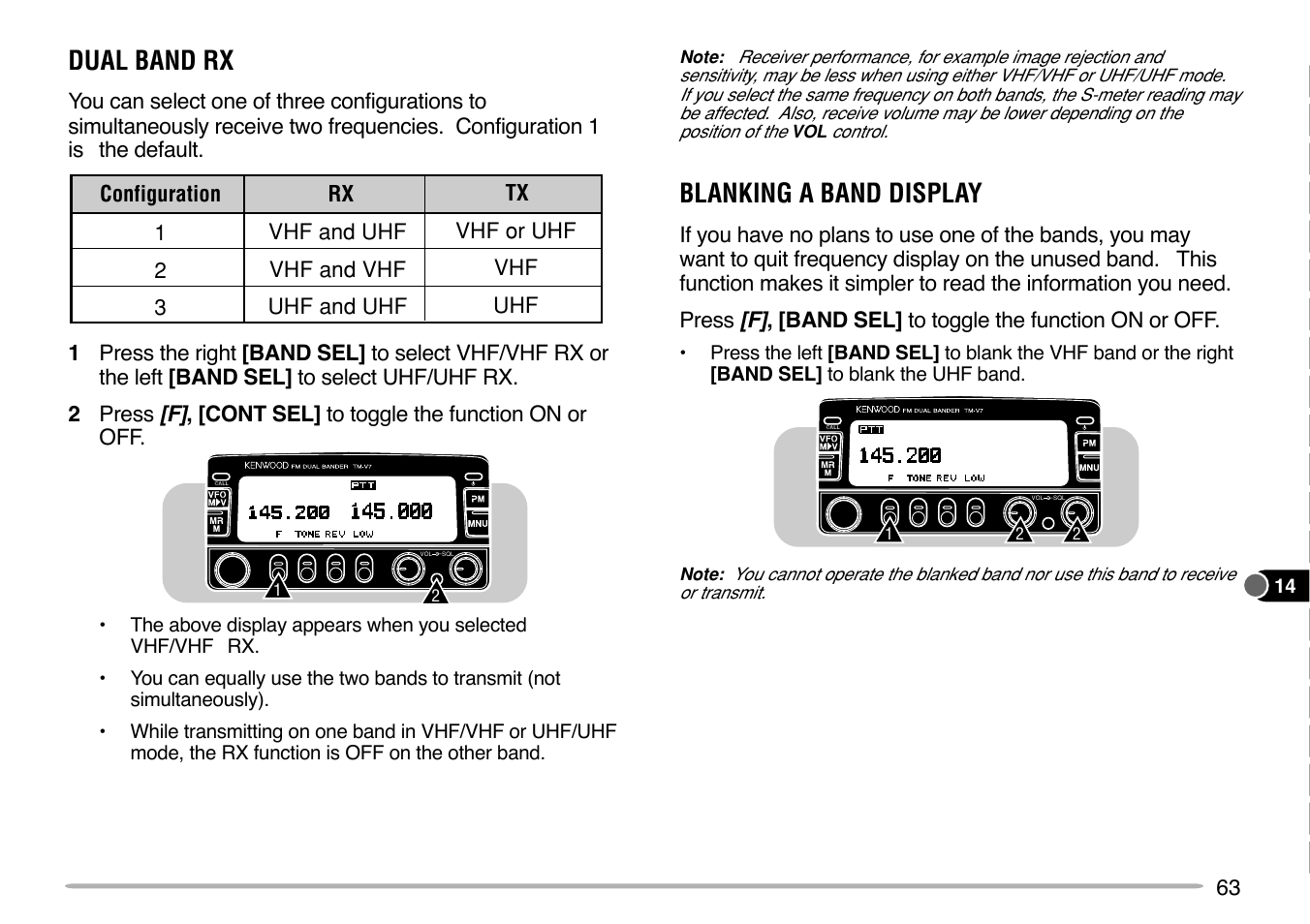 Dual band rx, Blanking a band display | Kenwood TM-V7E User Manual | Page 69 / 100