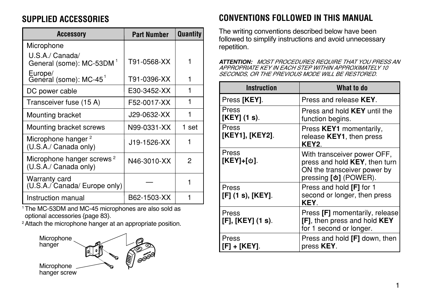 Conventions followed in this manual, Supplied accessories | Kenwood TM-V7E User Manual | Page 7 / 100