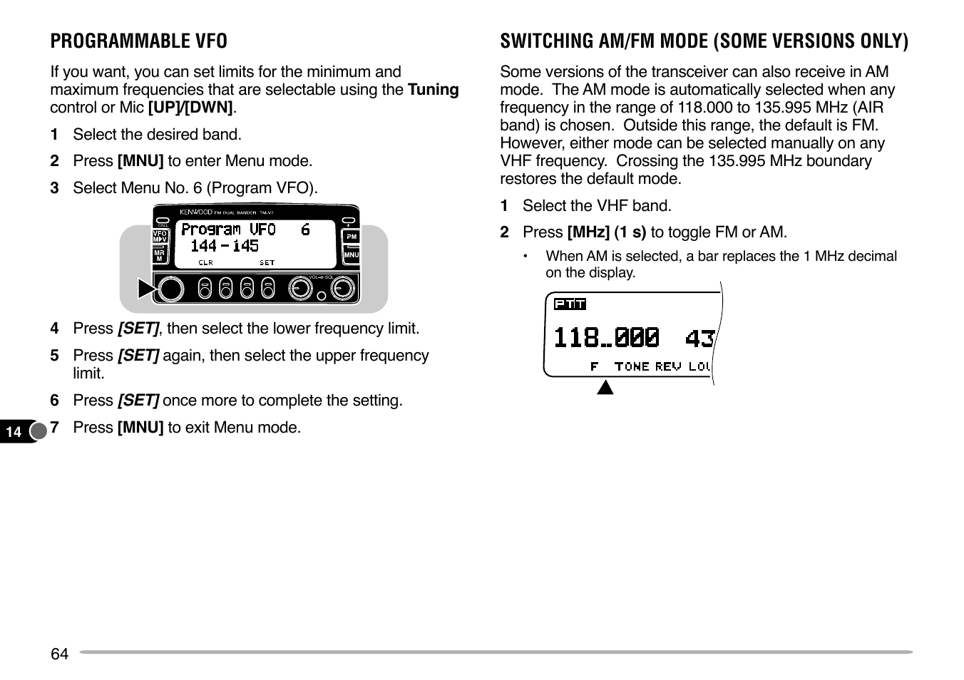 Programmable vfo, Switching am/fm mode (some versions only) | Kenwood TM-V7E User Manual | Page 70 / 100