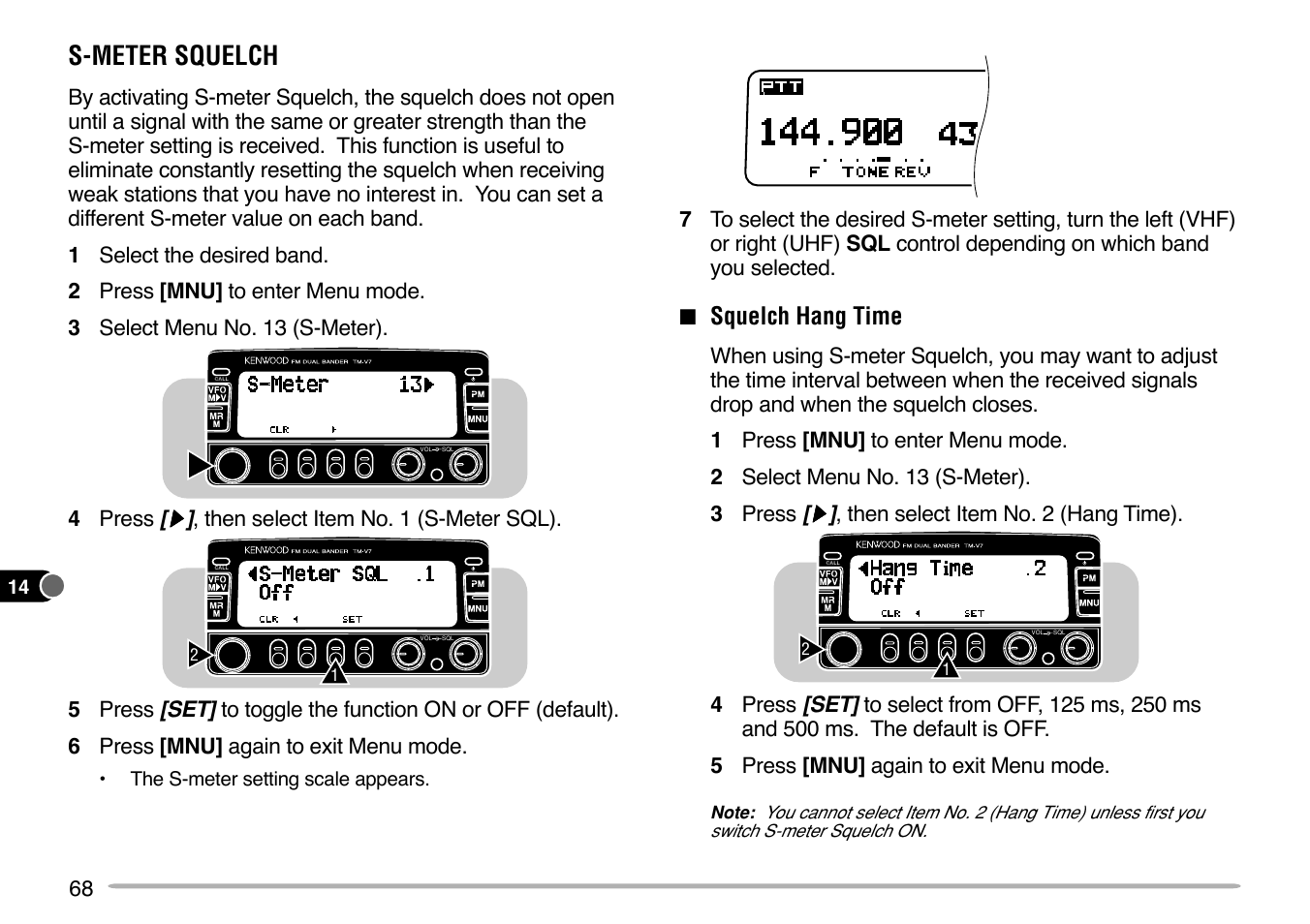 S-meter squelch, Squelch hang time | Kenwood TM-V7E User Manual | Page 74 / 100