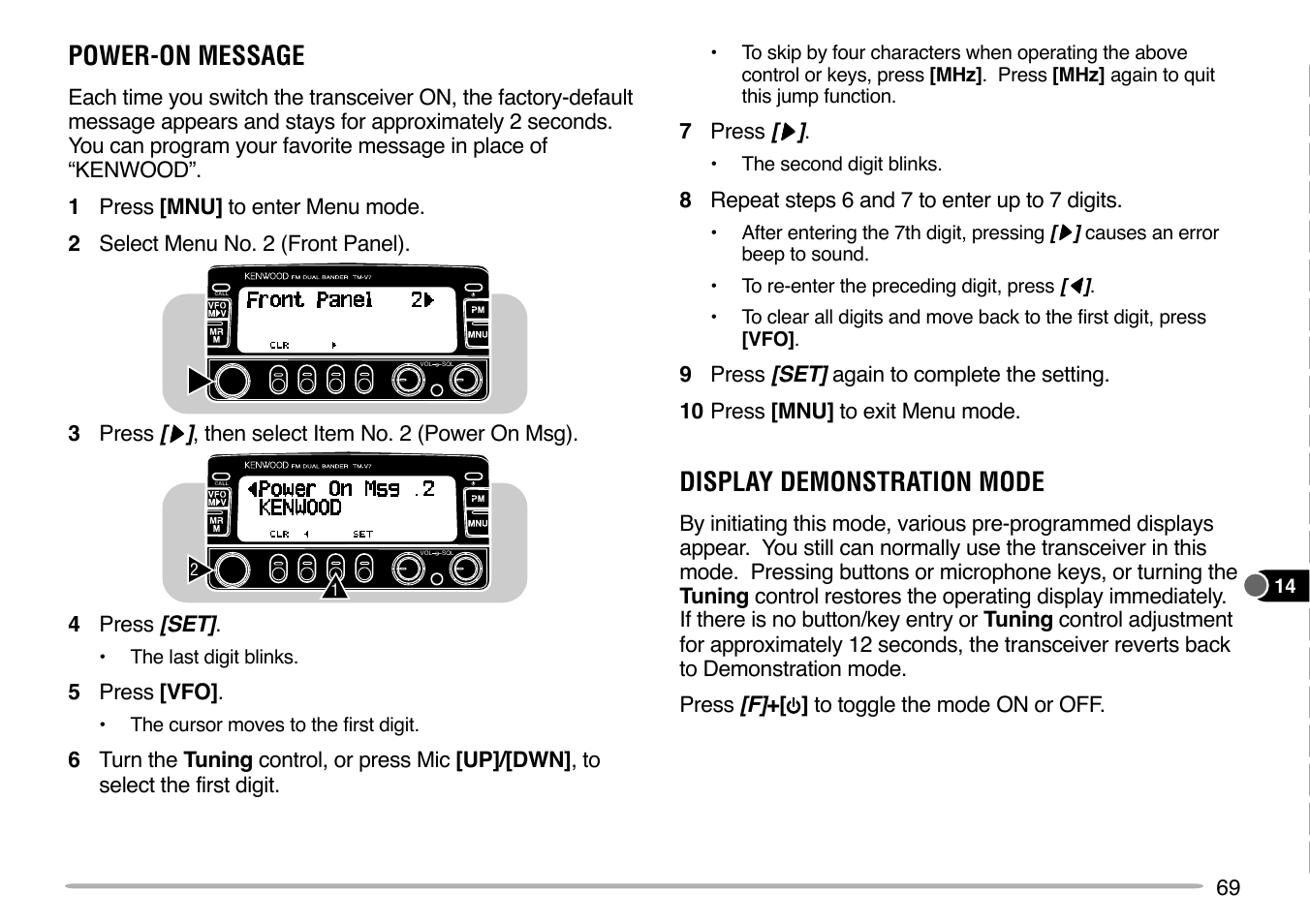 Power-on message, Display demonstration mode | Kenwood TM-V7E User Manual | Page 75 / 100