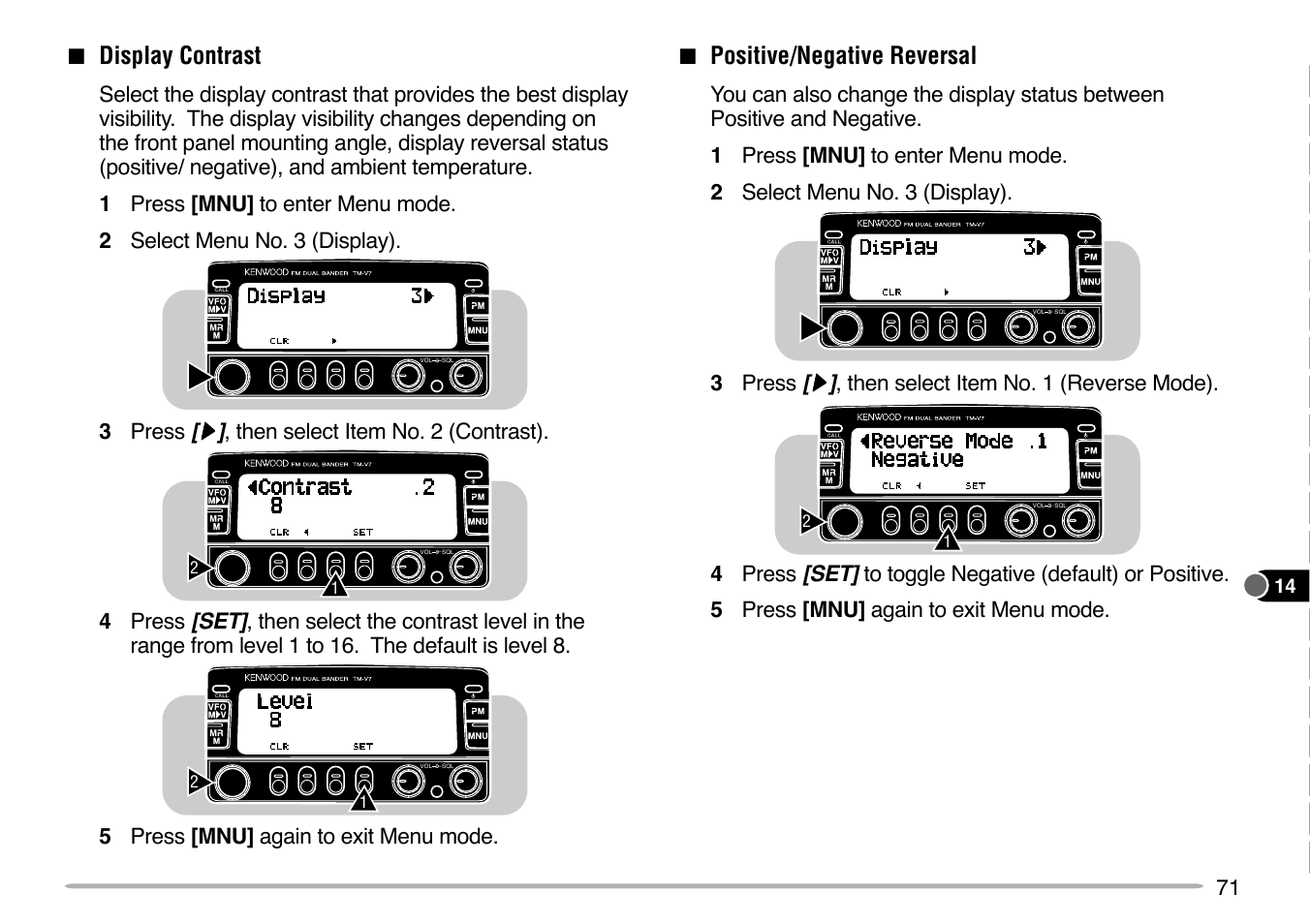 Positive/negative reversal, Display contrast | Kenwood TM-V7E User Manual | Page 77 / 100