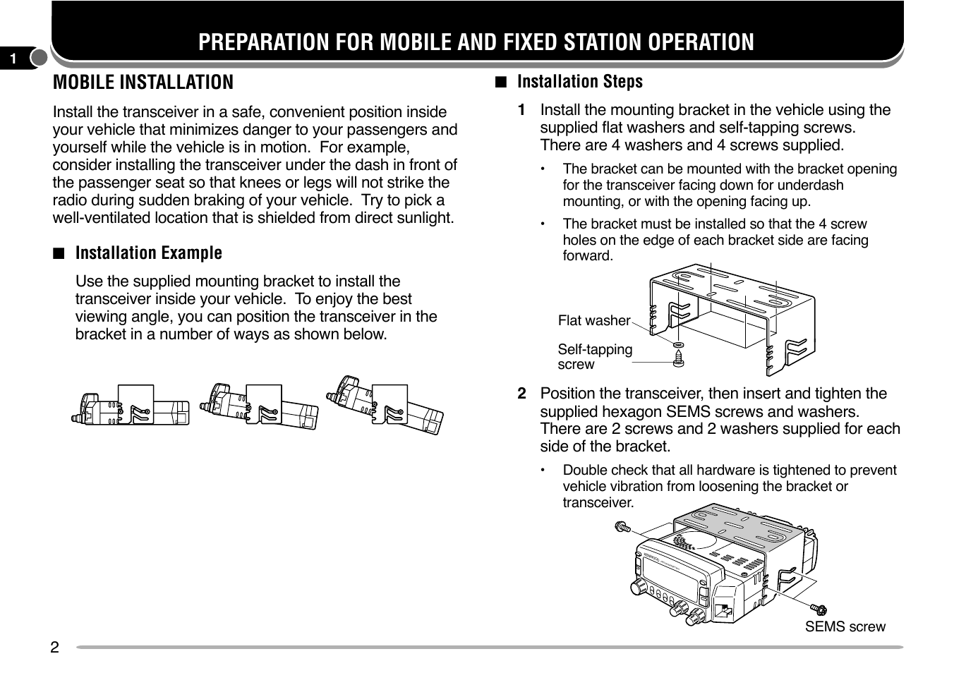 Preparation for mobile and fixed station operation, Mobile installation | Kenwood TM-V7E User Manual | Page 8 / 100