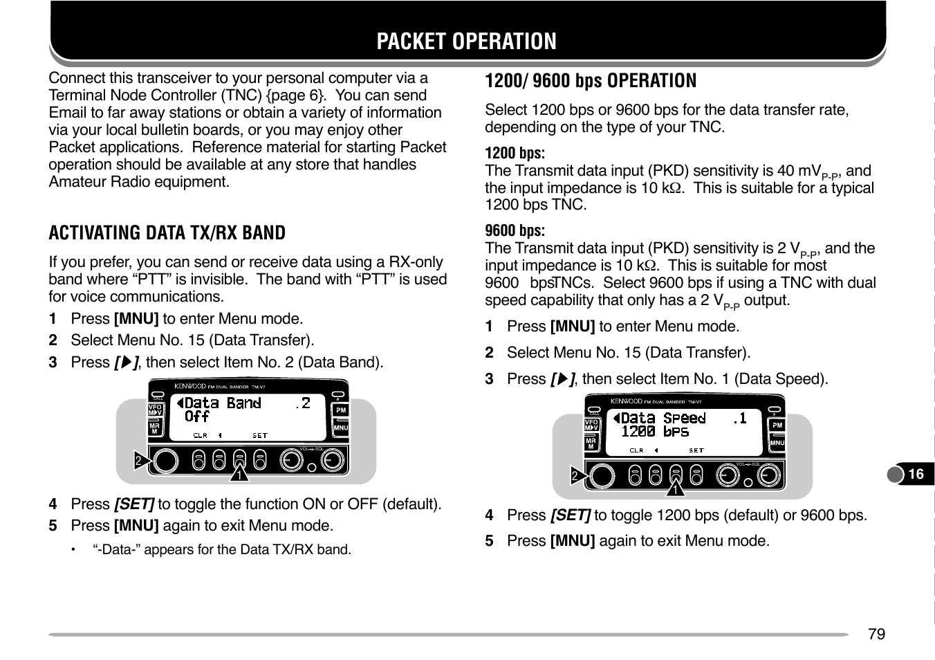 Packet operation, Activating data tx/rx band | Kenwood TM-V7E User Manual | Page 85 / 100