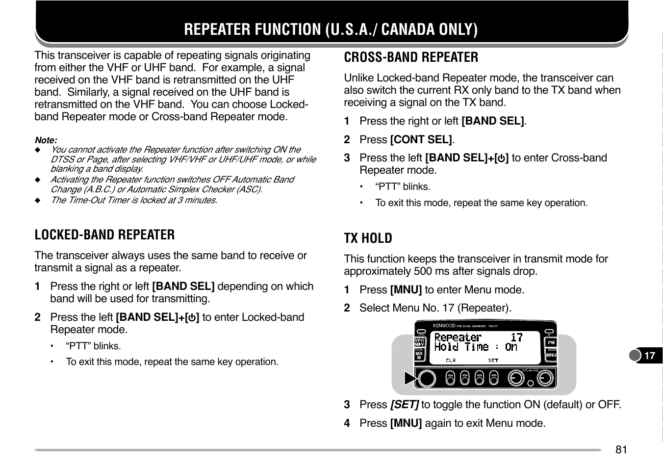 Repeater function (u.s.a./ canada only), Locked-band repeater, Cross-band repeater | Tx hold | Kenwood TM-V7E User Manual | Page 87 / 100