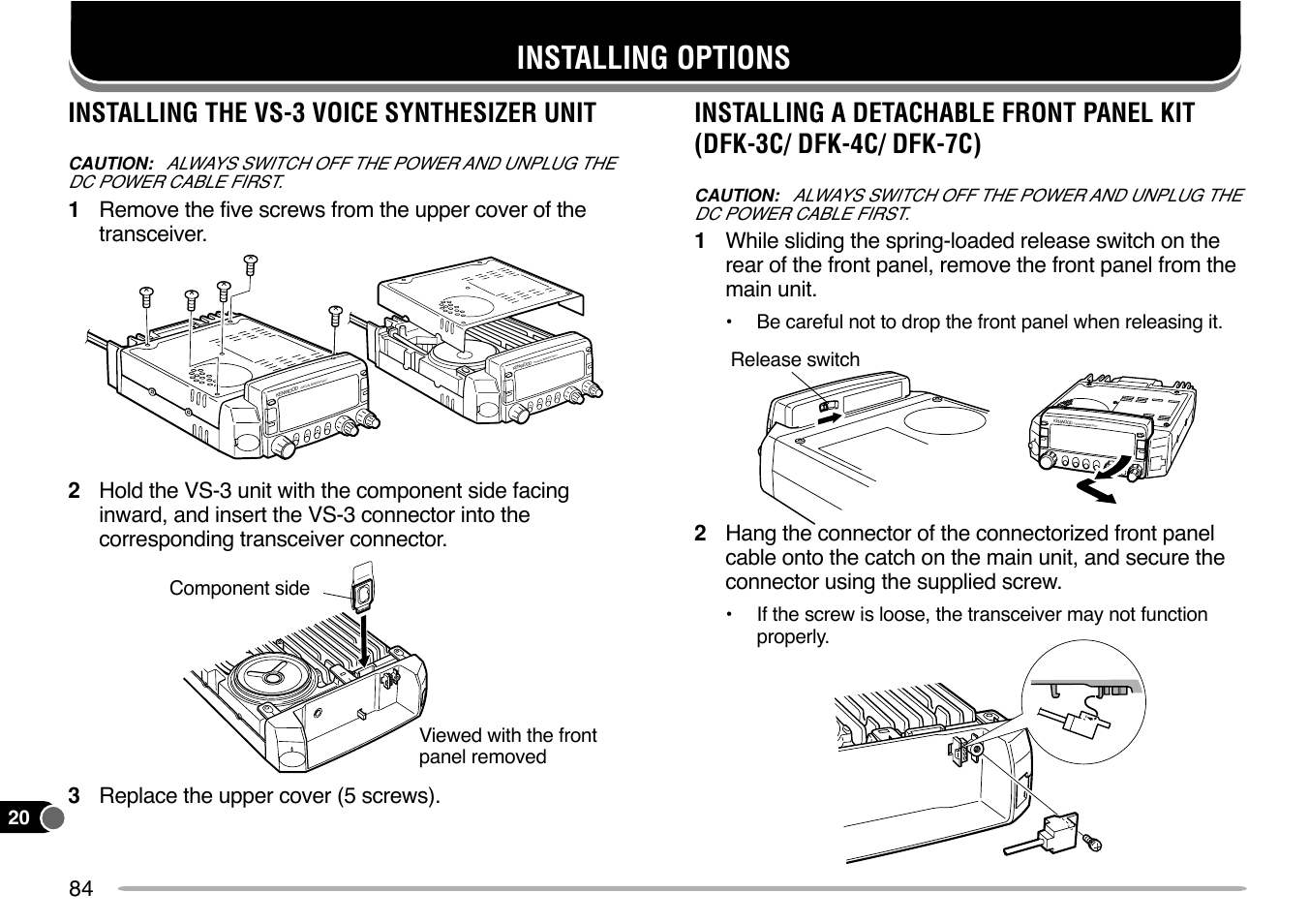 Installing options, Installing the vs-3 voice synthesizer unit | Kenwood TM-V7E User Manual | Page 90 / 100