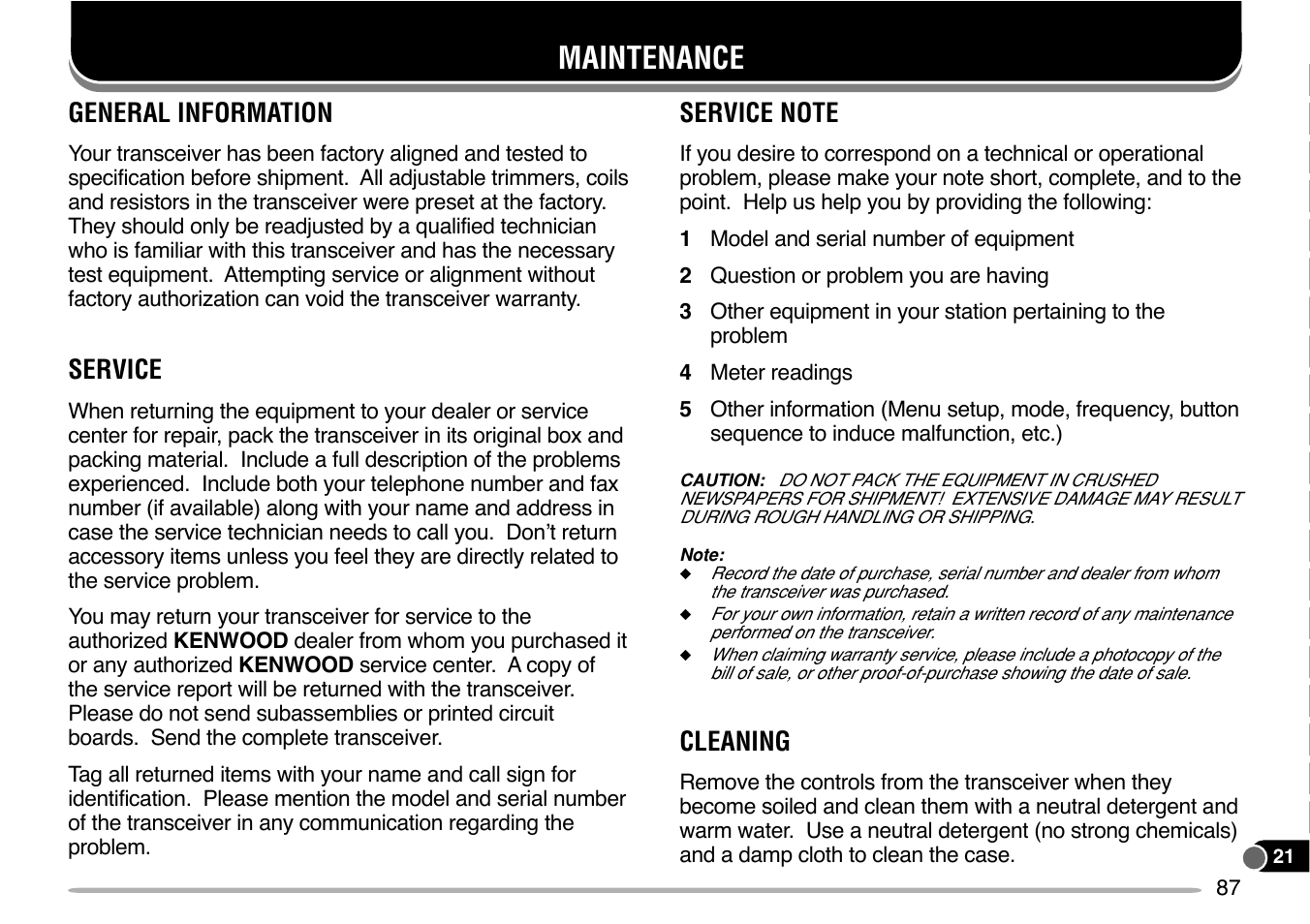 Maintenance, General information, Service | Cleaning | Kenwood TM-V7E User Manual | Page 93 / 100