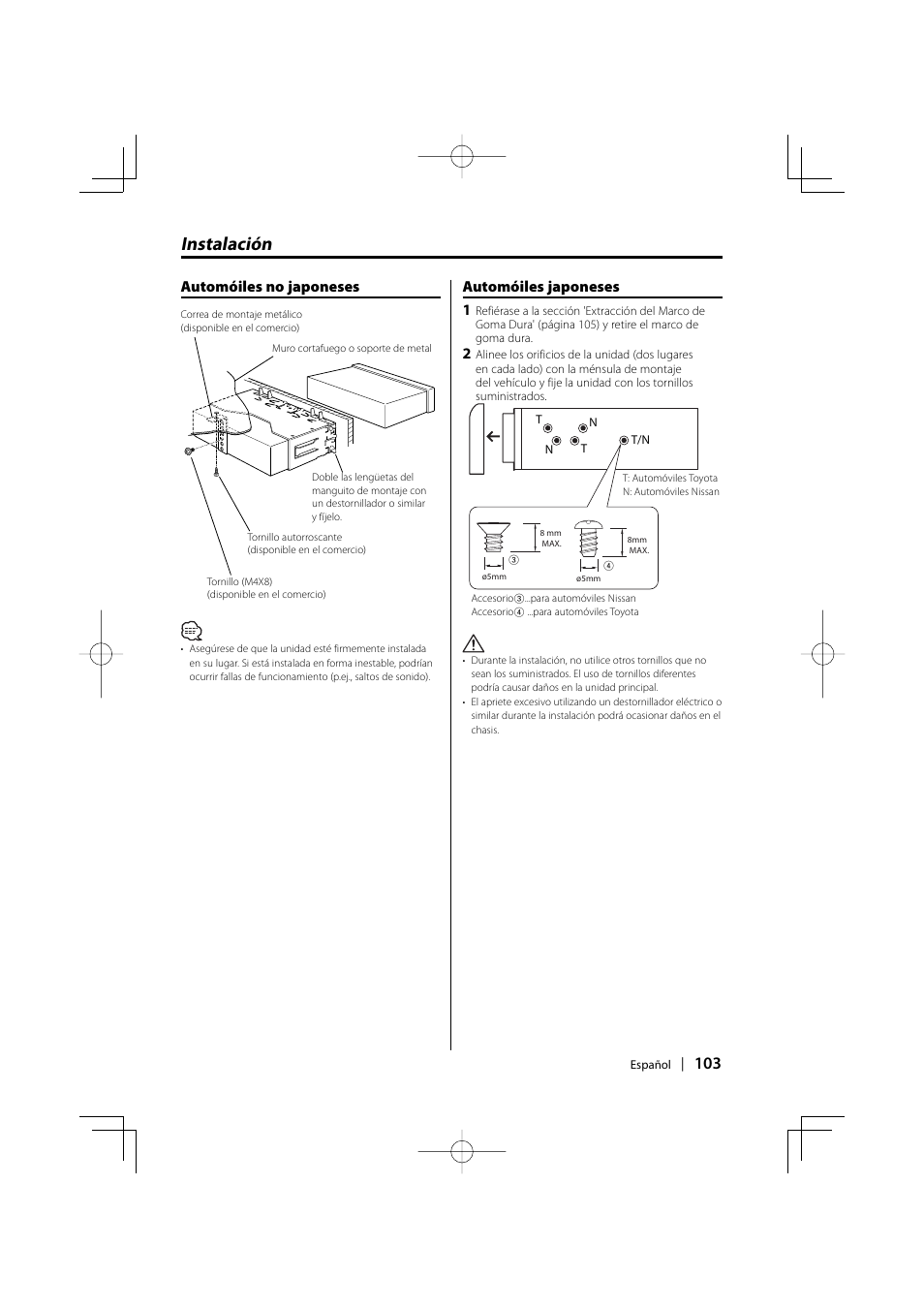 Instalación, Automóiles no japoneses automóiles japoneses 1 | Kenwood EZ500 User Manual | Page 103 / 112